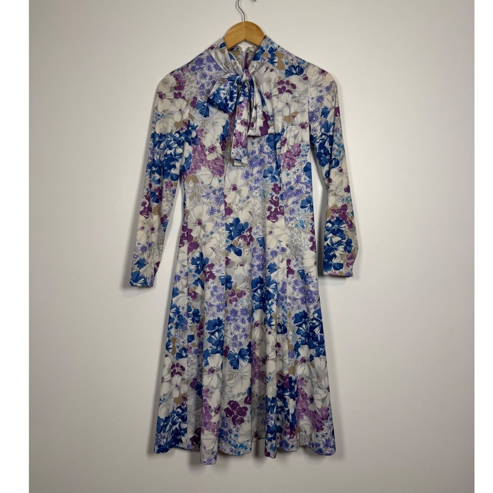 Vintage 70s Mod Handmade Floral Bow Dress Women Small Blue Purple